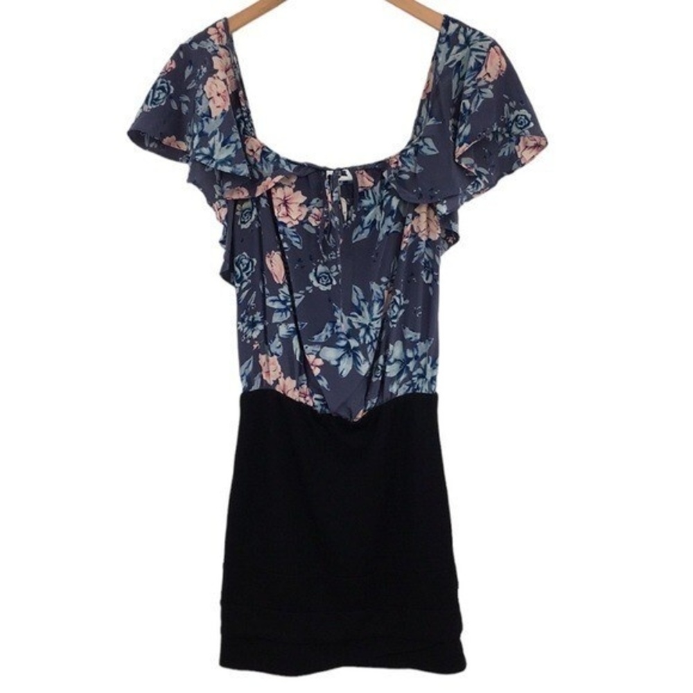 Pencey Dress‎ Womens 0 Purple Floral Silk Bodice Black Skirt Mini Flirty Ruffle